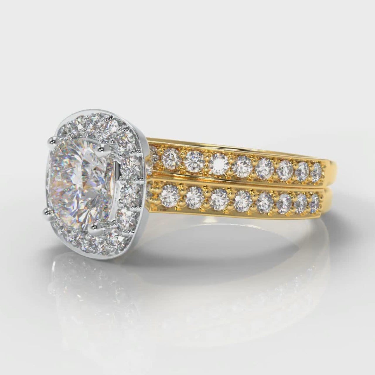 Pavé Cushion Cut Diamond Halo Bridal Set - Two Tone Yellow Gold