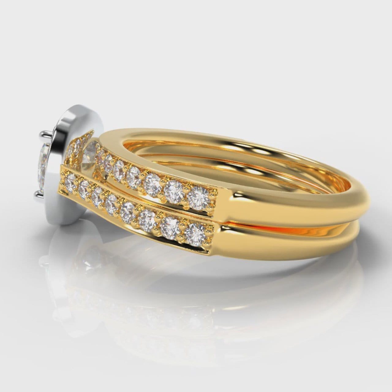 Pavé Cushion Cut Diamond Halo Bridal Set - Two Tone Yellow Gold