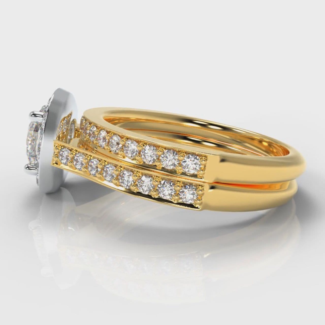 Pavé Cushion Cut Diamond Halo Bridal Set - Two Tone Yellow Gold