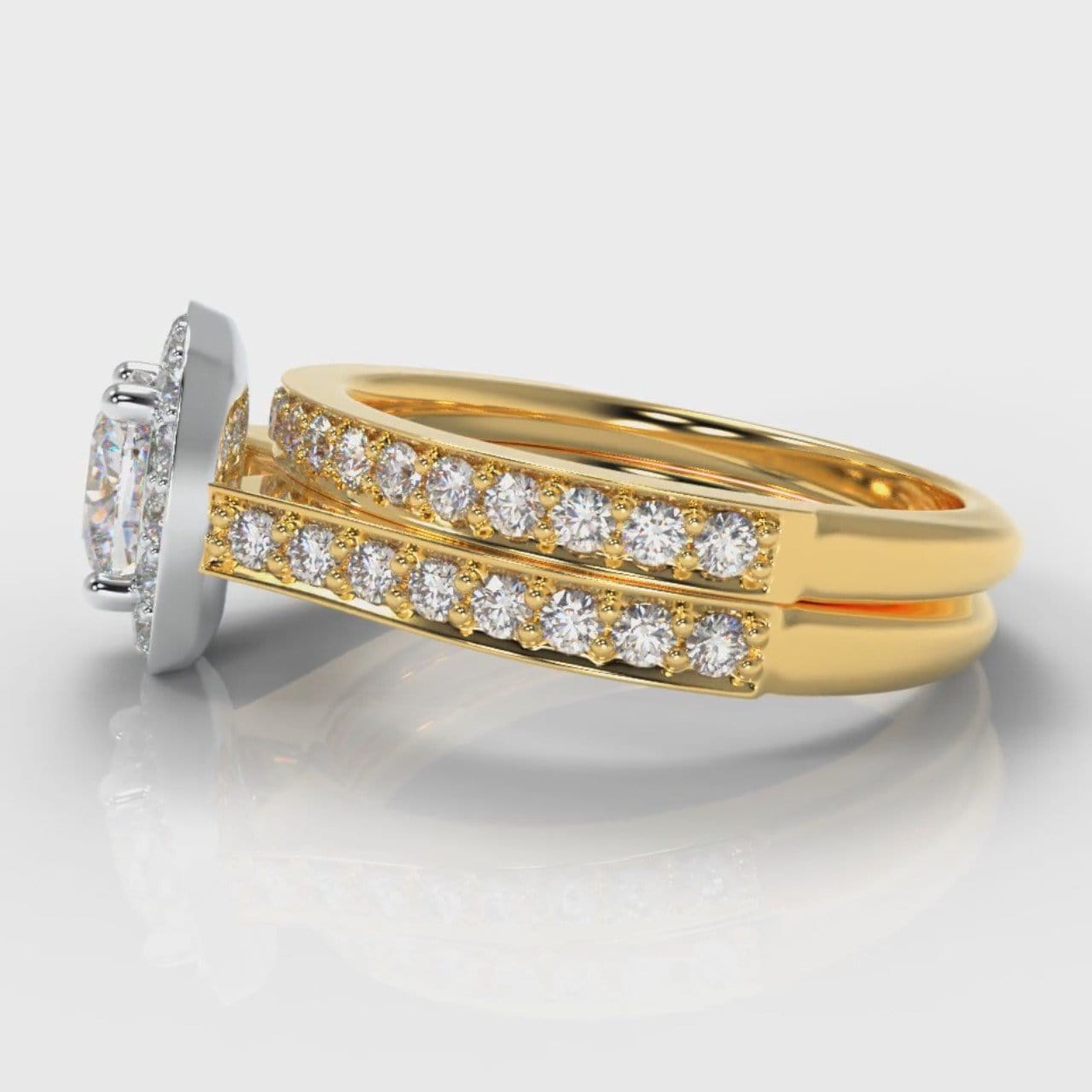 Pavé Cushion Cut Diamond Halo Bridal Set - Two Tone Yellow Gold