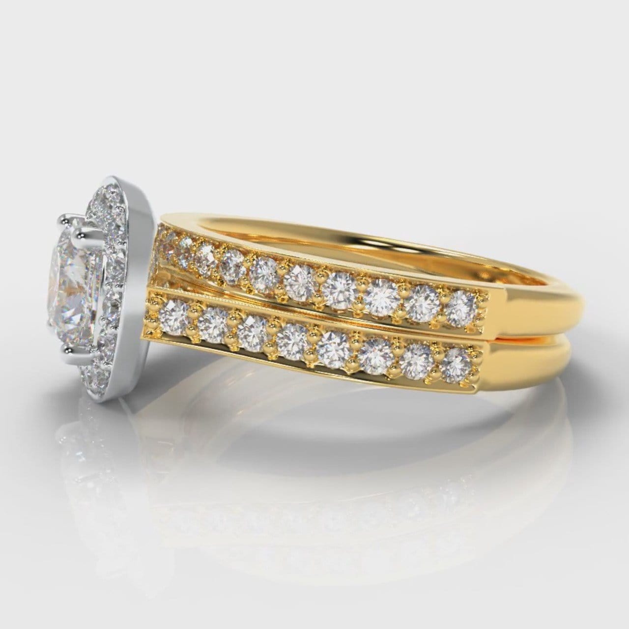 Pavé Cushion Cut Diamond Halo Bridal Set - Two Tone Yellow Gold