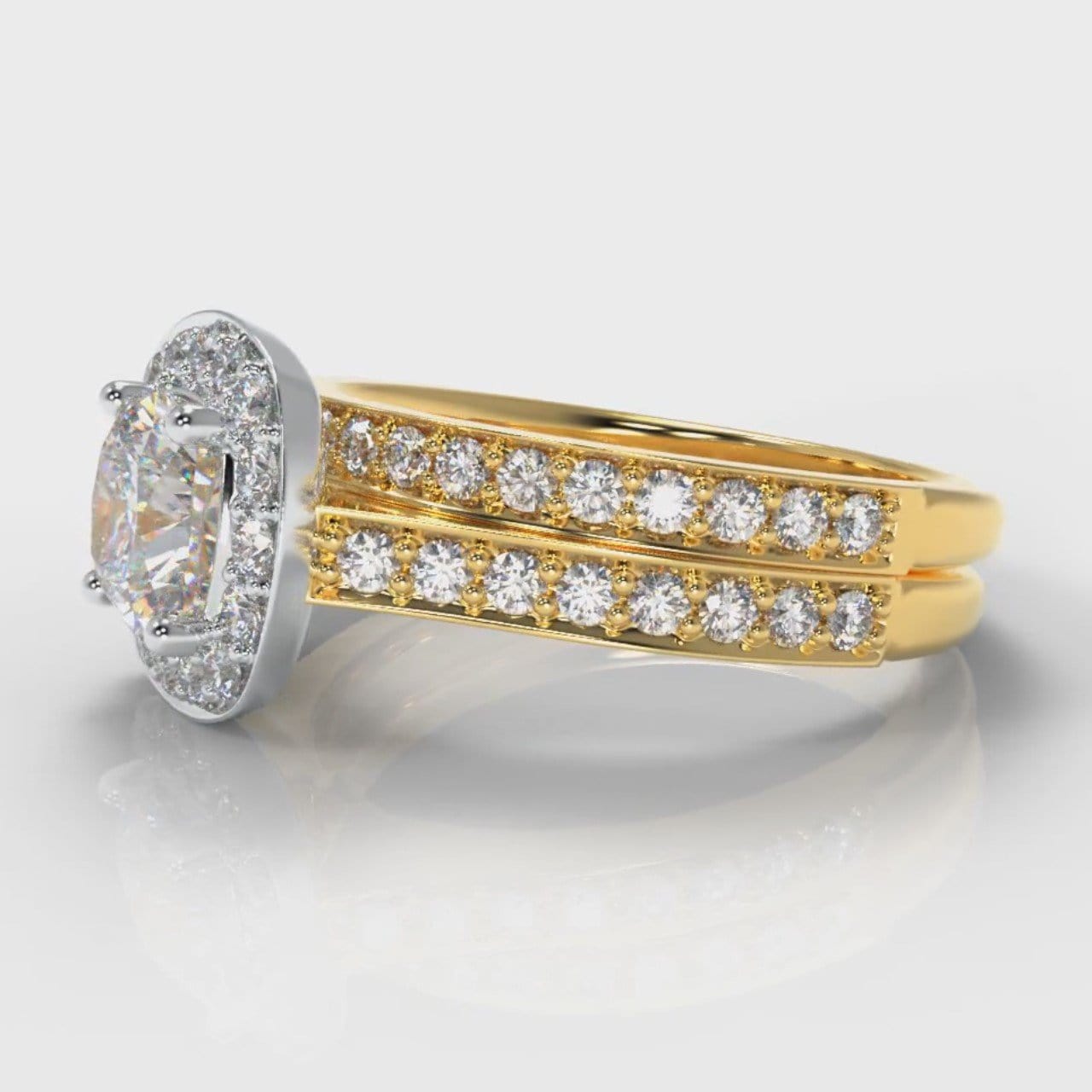 Pavé Cushion Cut Diamond Halo Bridal Set - Two Tone Yellow Gold
