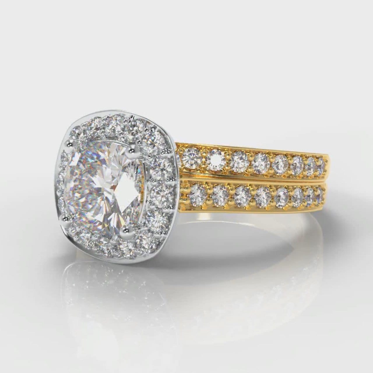 Pavé Cushion Cut Diamond Halo Bridal Set - Two Tone Yellow Gold