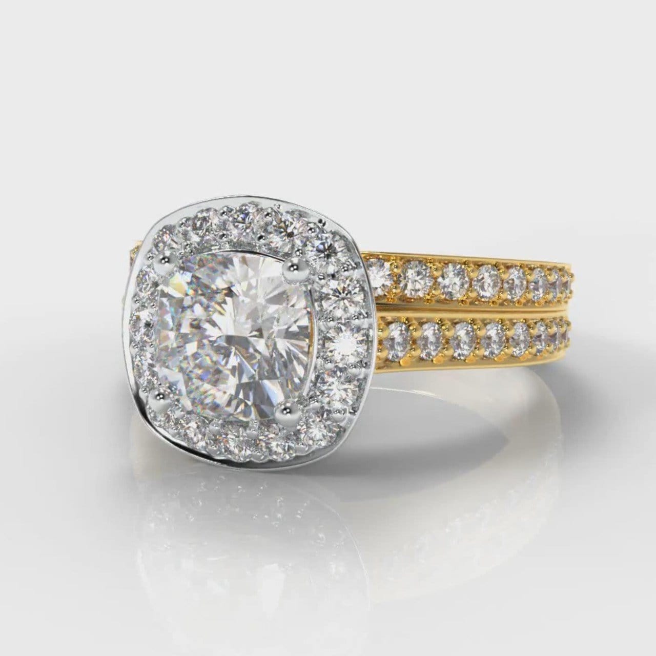 Pavé Cushion Cut Diamond Halo Bridal Set - Two Tone Yellow Gold