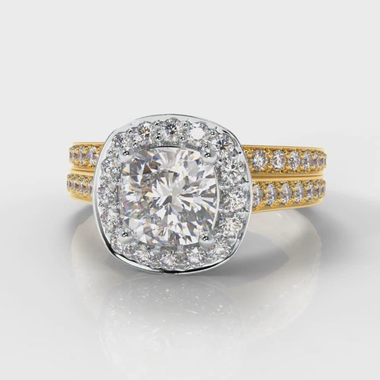 Pavé Cushion Cut Diamond Halo Bridal Set - Two Tone Yellow Gold