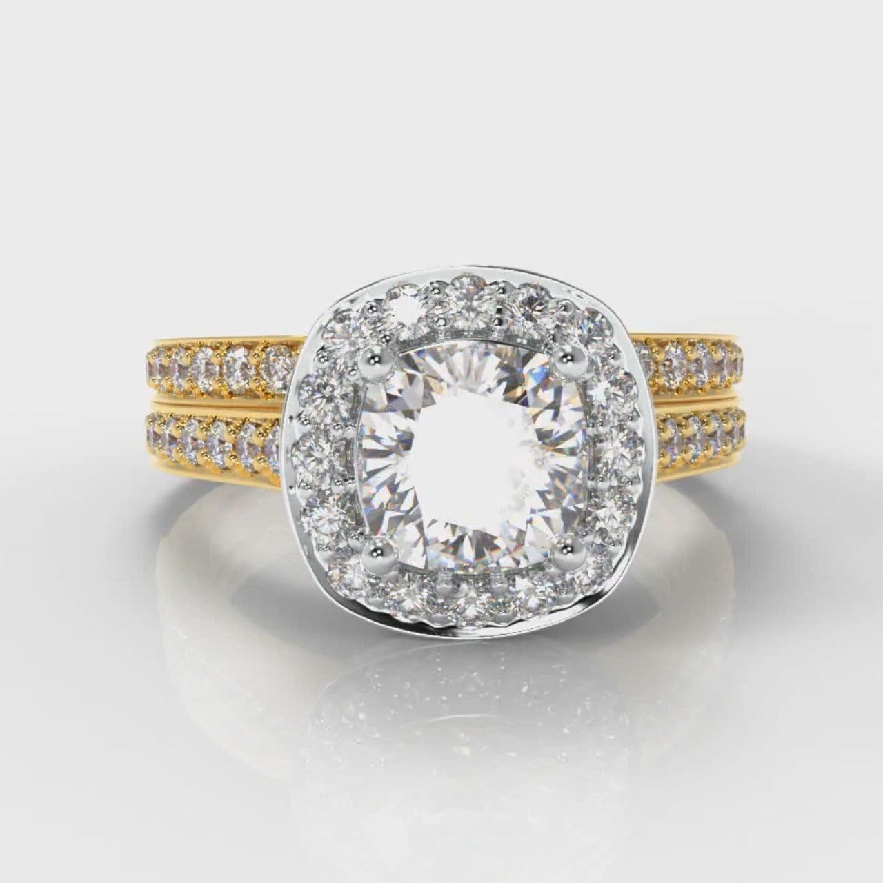 Pavé Cushion Cut Diamond Halo Bridal Set - Two Tone Yellow Gold
