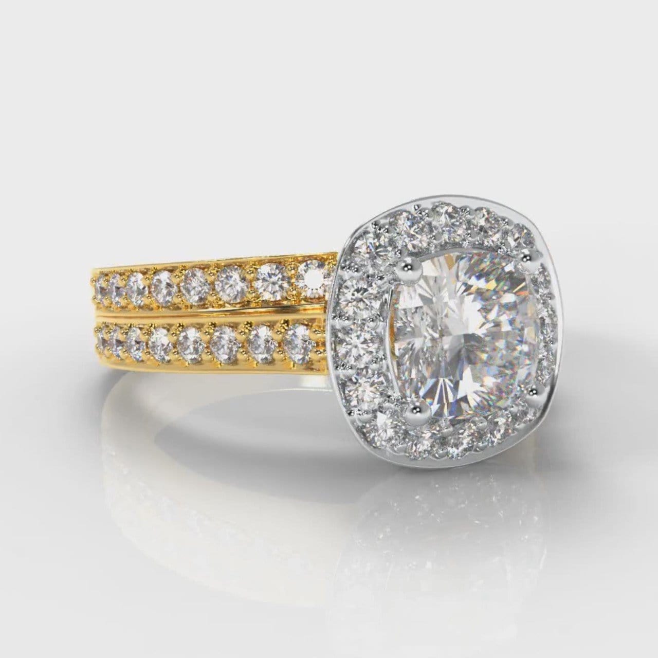 Pavé Cushion Cut Diamond Halo Bridal Set - Two Tone Yellow Gold