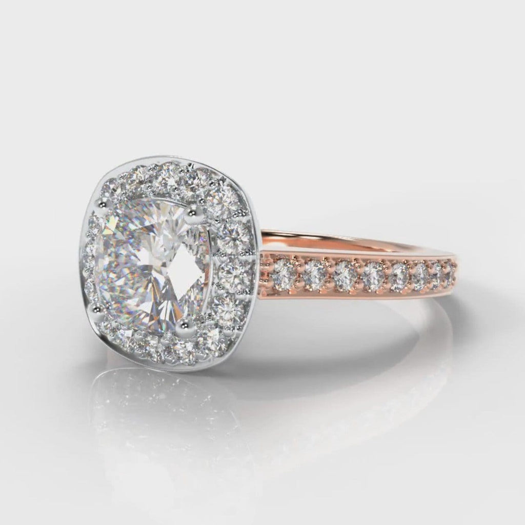Pavé Cushion Cut Diamond Halo Engagement Ring - Two Tone Rose Gold