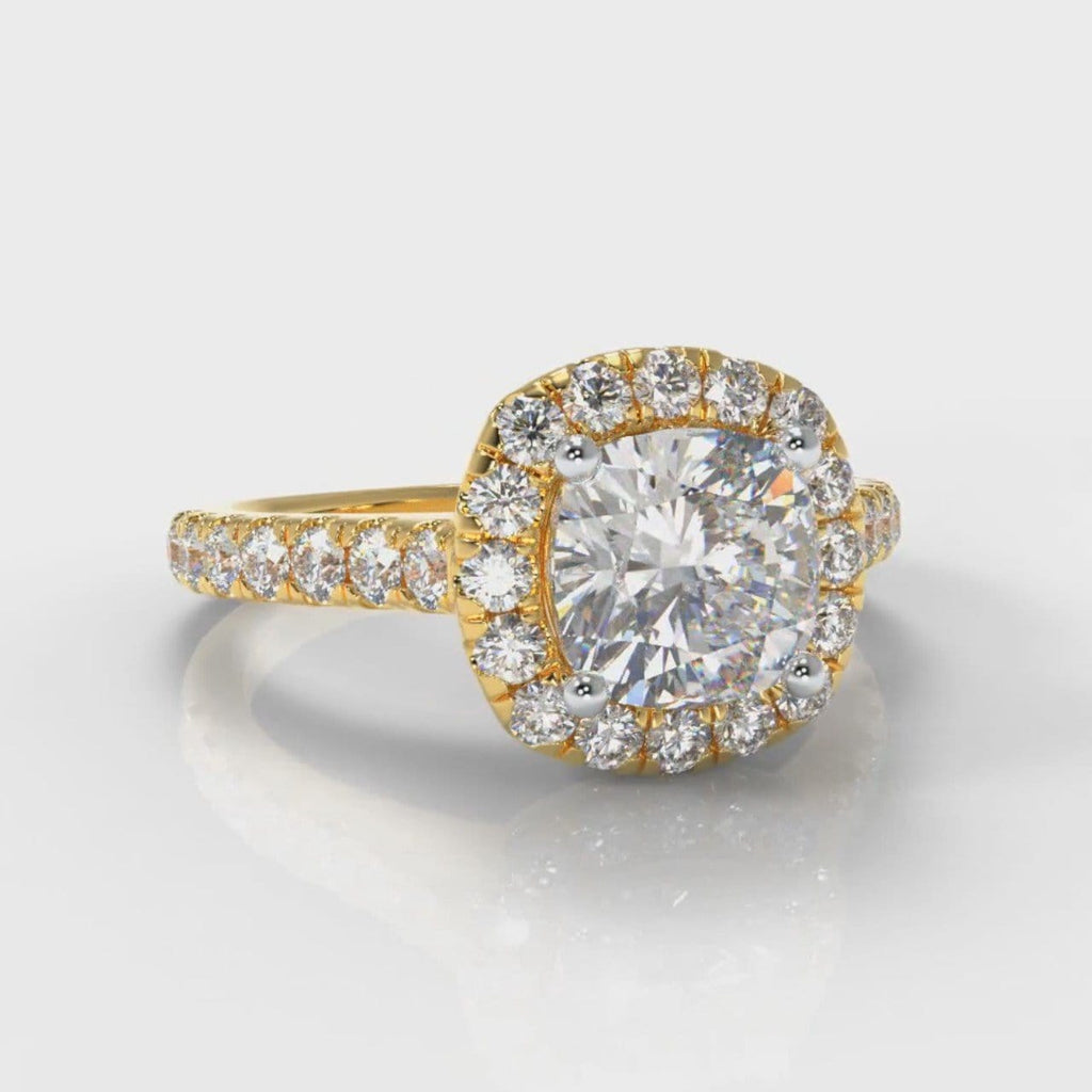 Micropavé Cushion Cut Diamond Halo Engagement Ring - Yellow Gold
