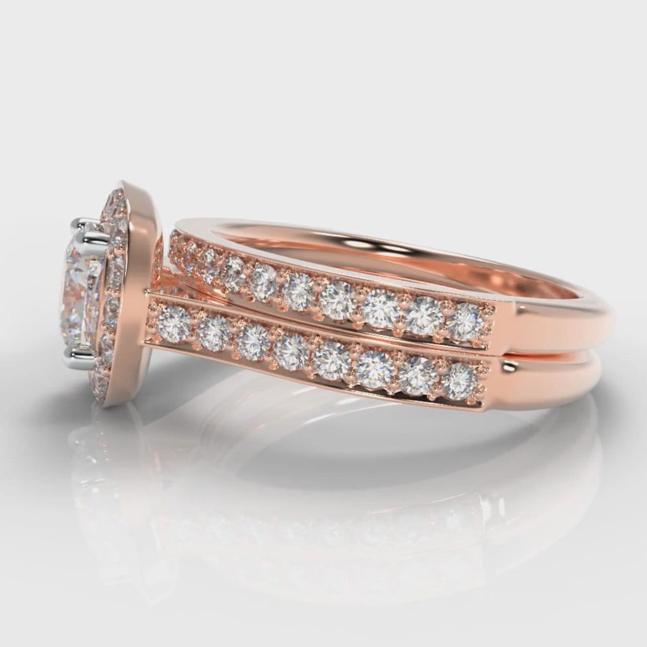 Pavé Cushion Cut Diamond Halo Bridal Set - Rose Gold
