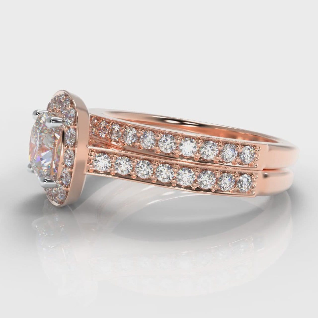 Pavé Cushion Cut Diamond Halo Bridal Set - Rose Gold
