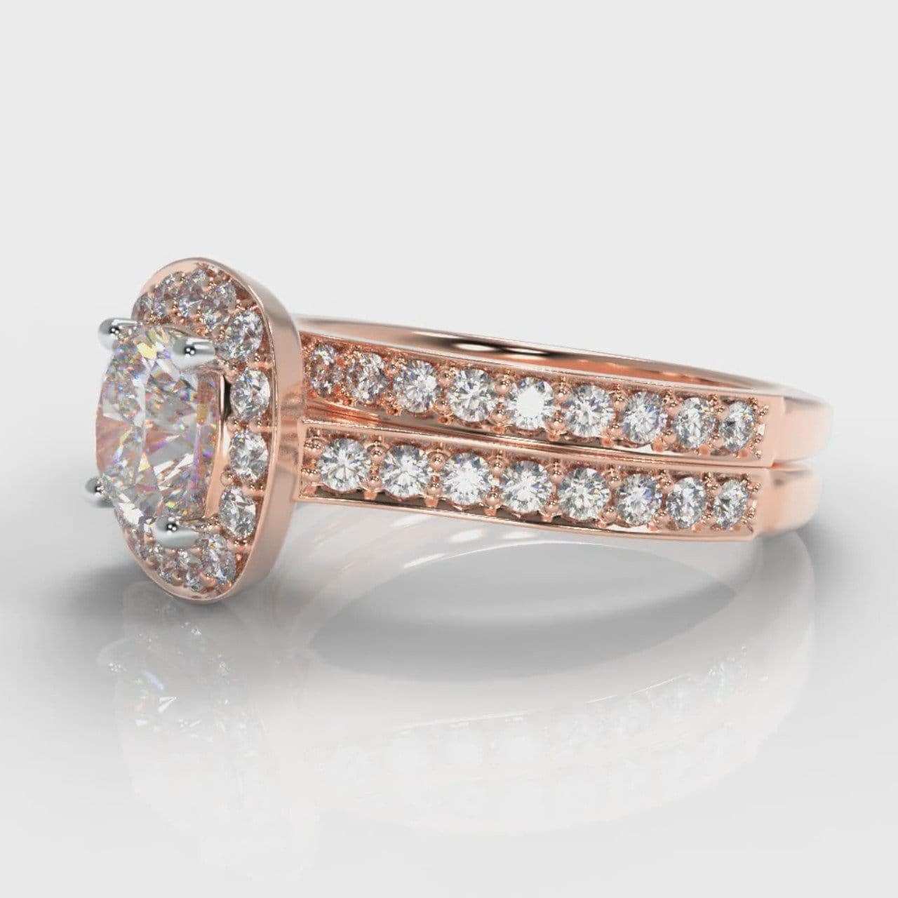 Pavé Cushion Cut Diamond Halo Bridal Set - Rose Gold