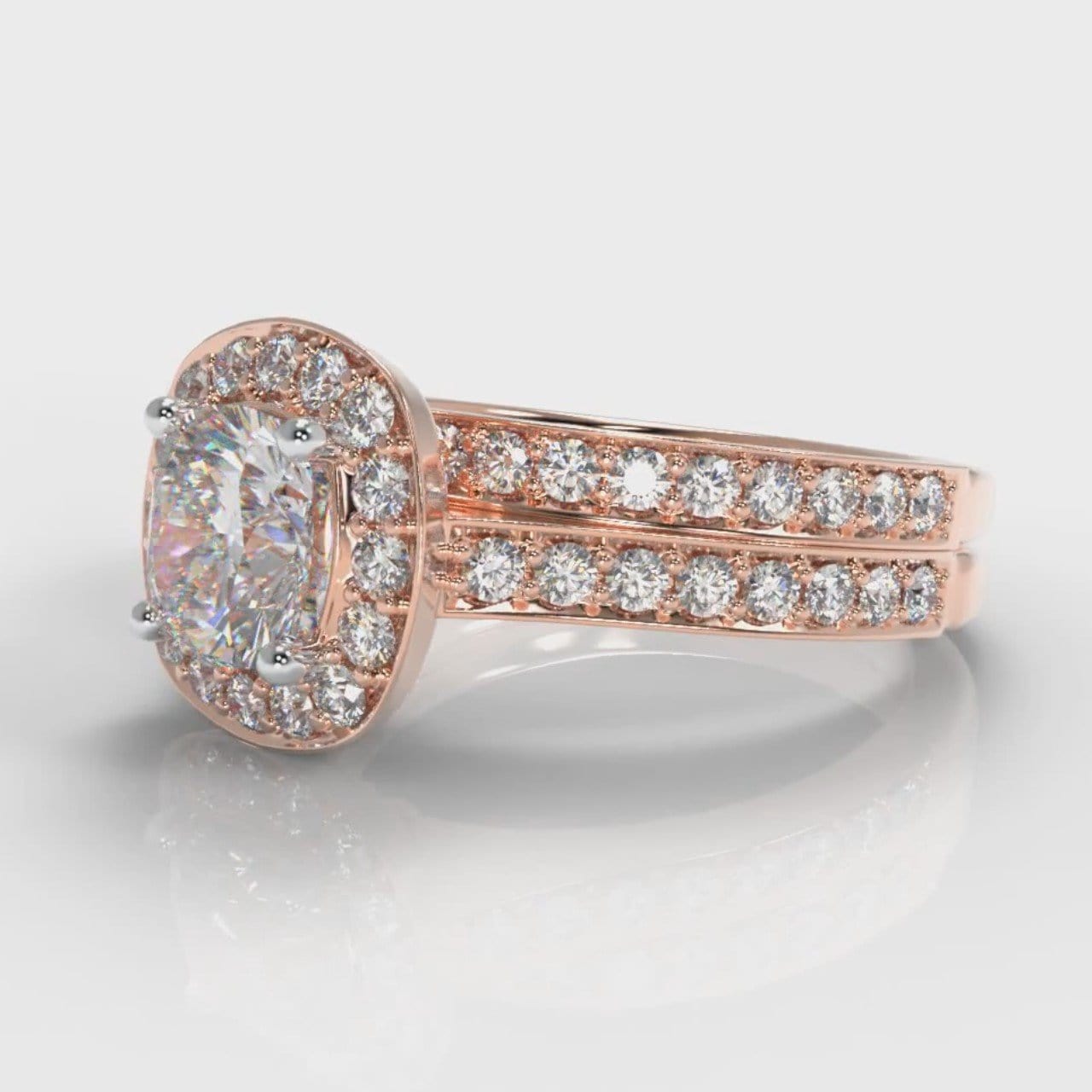 Pavé Cushion Cut Diamond Halo Bridal Set - Rose Gold