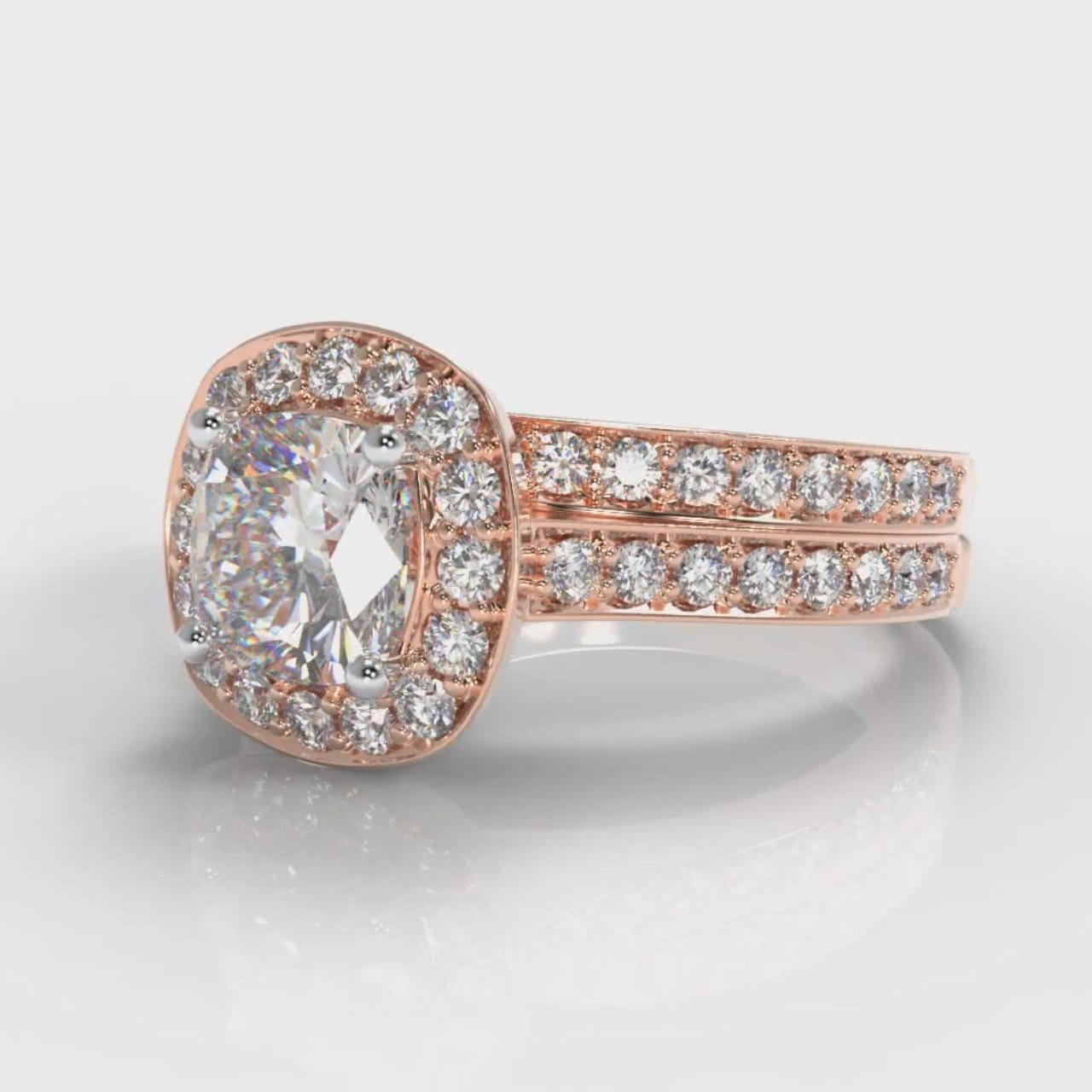 Pavé Cushion Cut Diamond Halo Bridal Set - Rose Gold