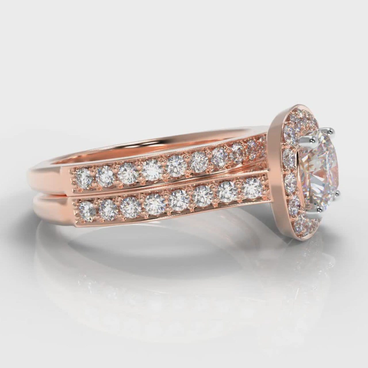 Pavé Cushion Cut Diamond Halo Bridal Set - Rose Gold
