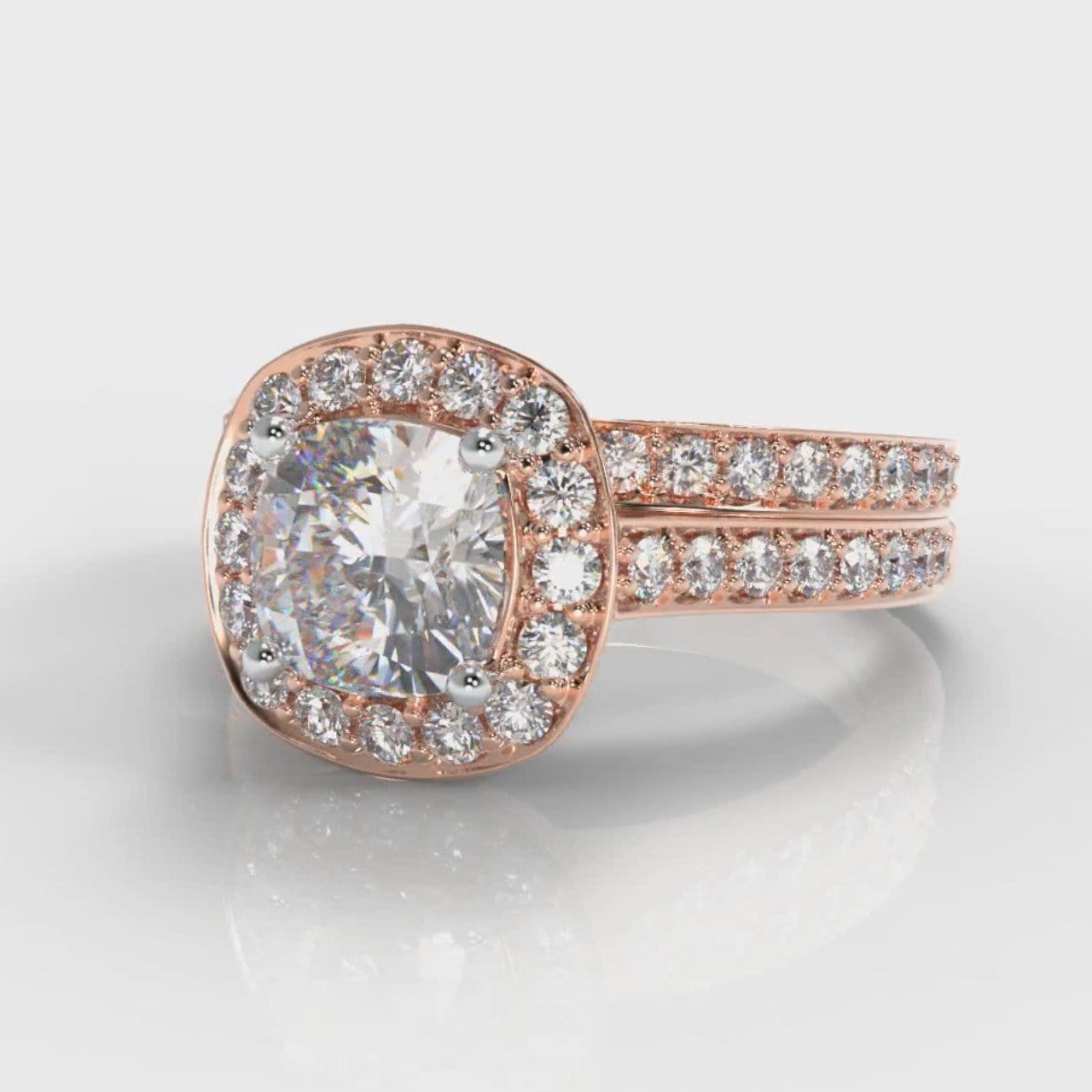 Pavé Cushion Cut Diamond Halo Bridal Set - Rose Gold