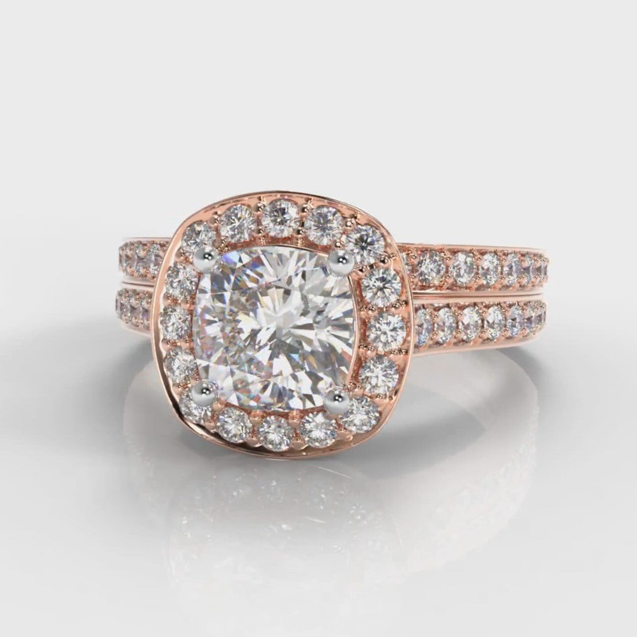 Pavé Cushion Cut Diamond Halo Bridal Set - Rose Gold