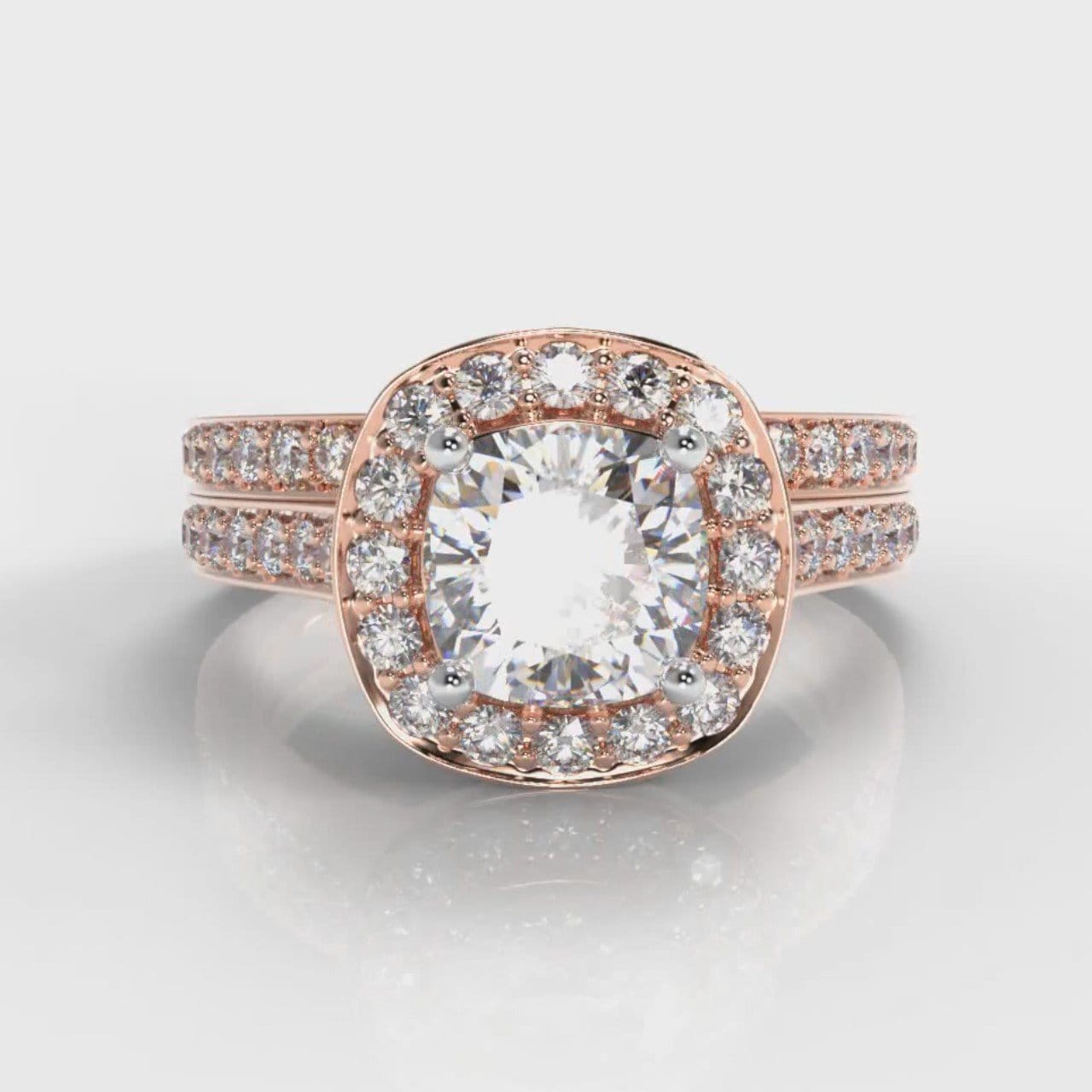 Pavé Cushion Cut Diamond Halo Bridal Set - Rose Gold