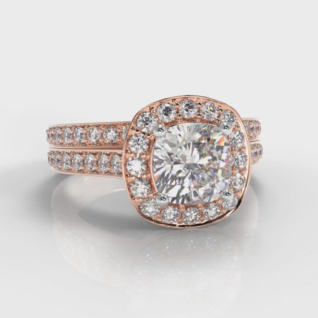 Pavé Cushion Cut Diamond Halo Bridal Set - Rose Gold