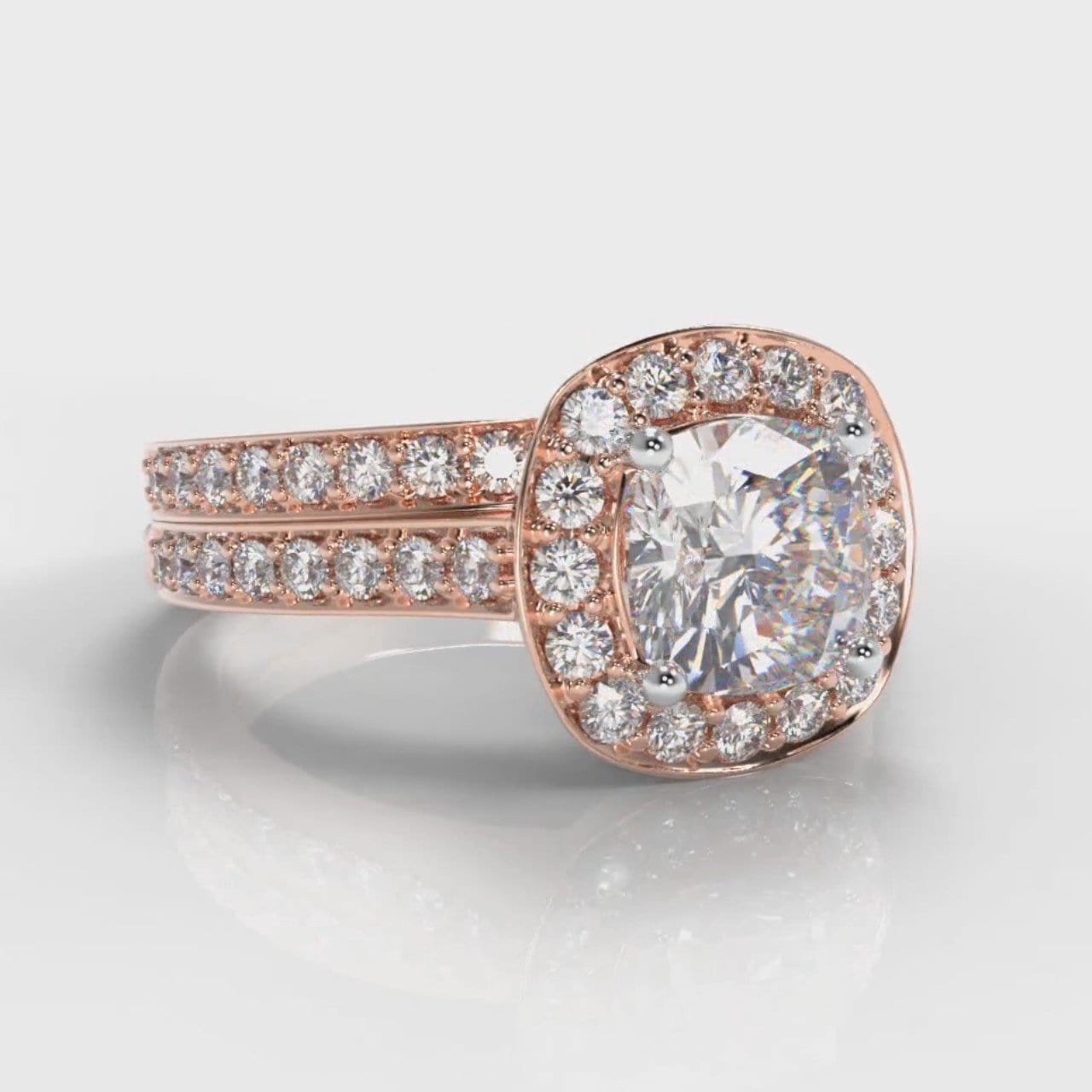 Pavé Cushion Cut Diamond Halo Bridal Set - Rose Gold