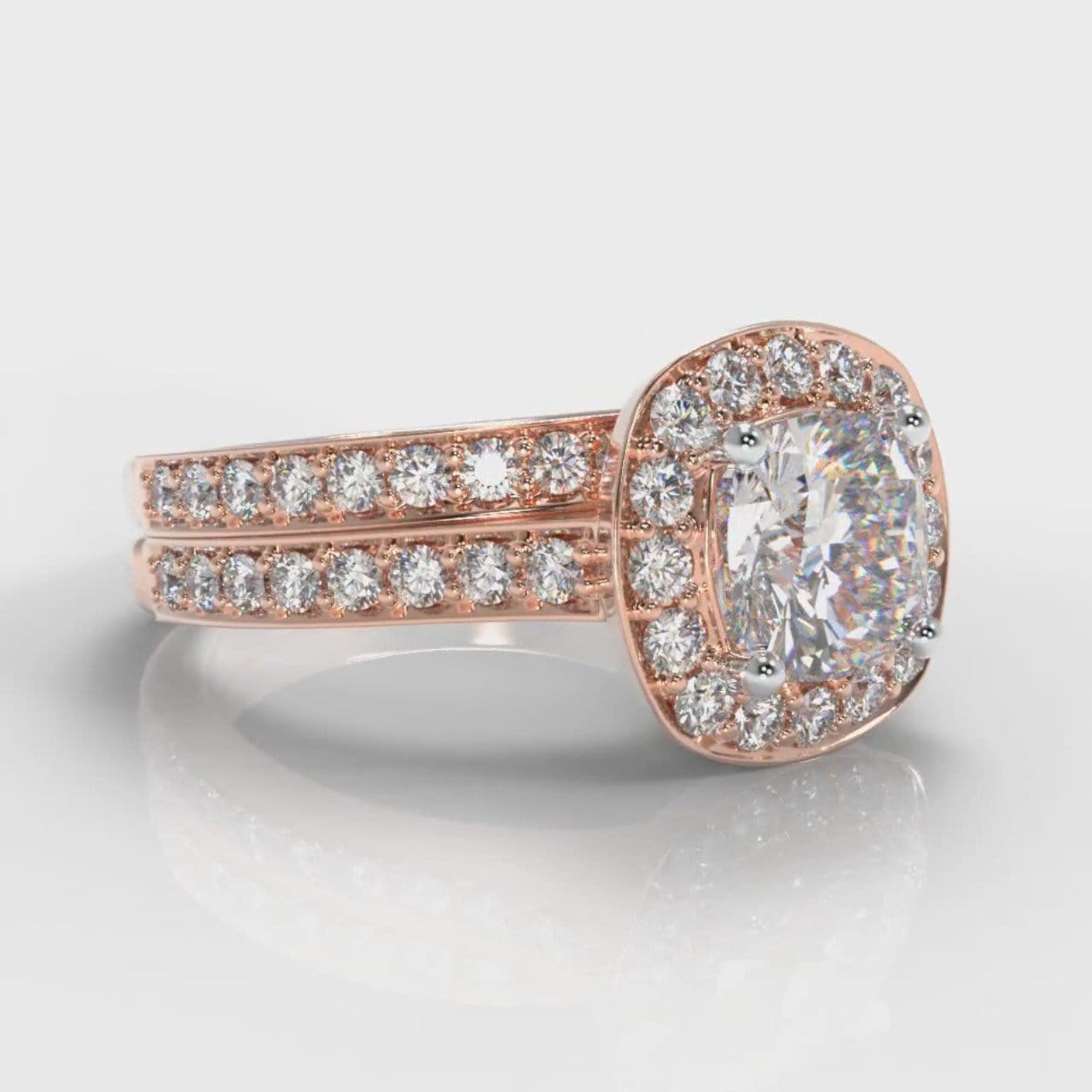 Pavé Cushion Cut Diamond Halo Bridal Set - Rose Gold