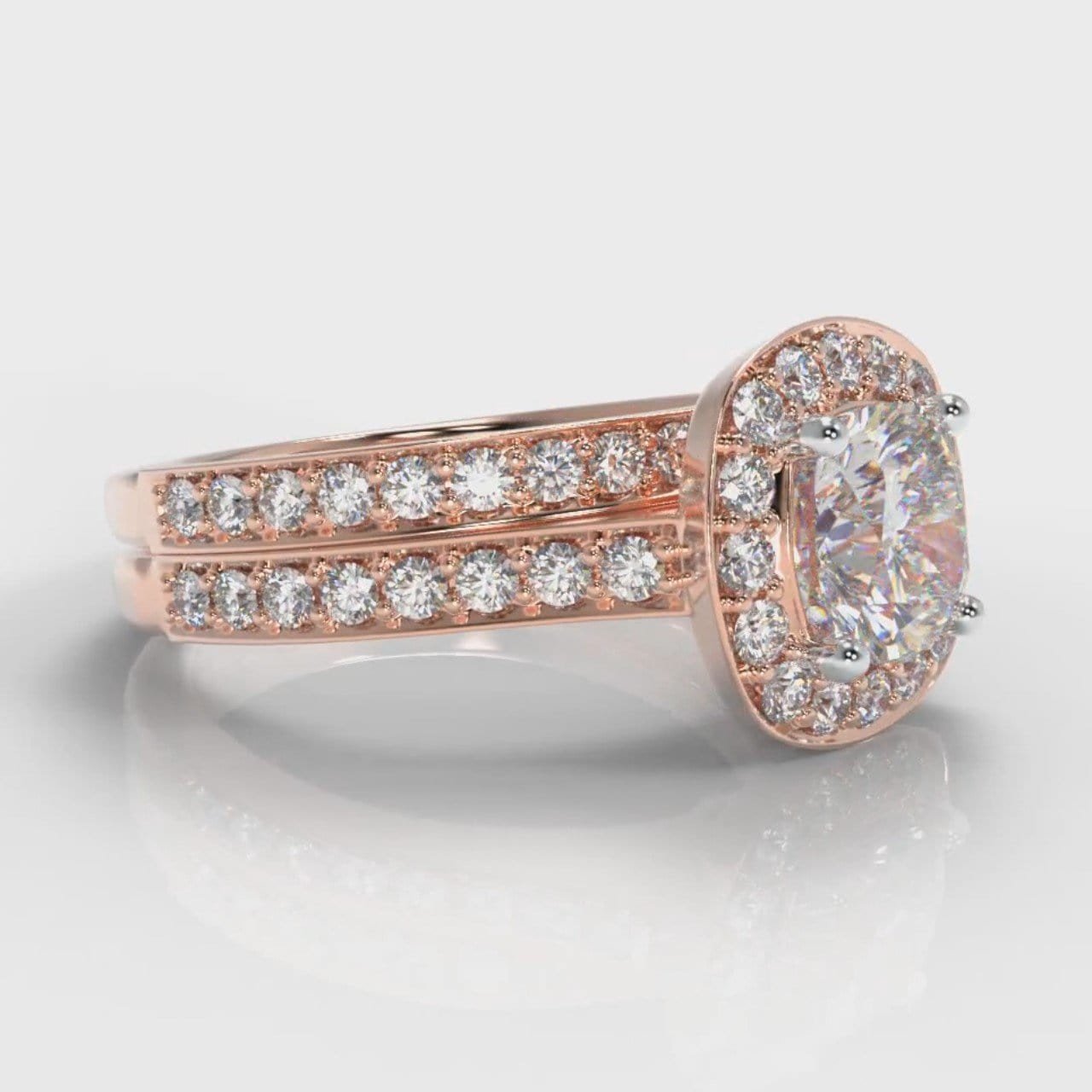 Pavé Cushion Cut Diamond Halo Bridal Set - Rose Gold