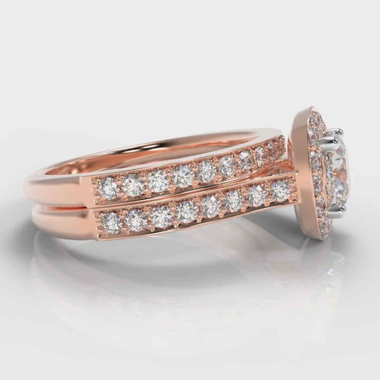 Pavé Cushion Cut Diamond Halo Bridal Set - Rose Gold