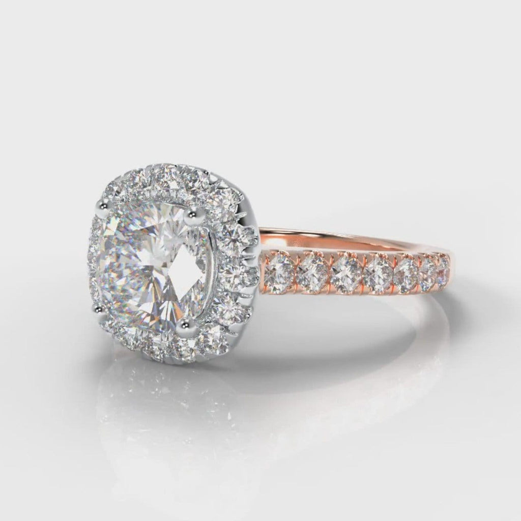 Micropavé Cushion Cut Diamond Halo Engagement Ring - Two Tone Rose Gold