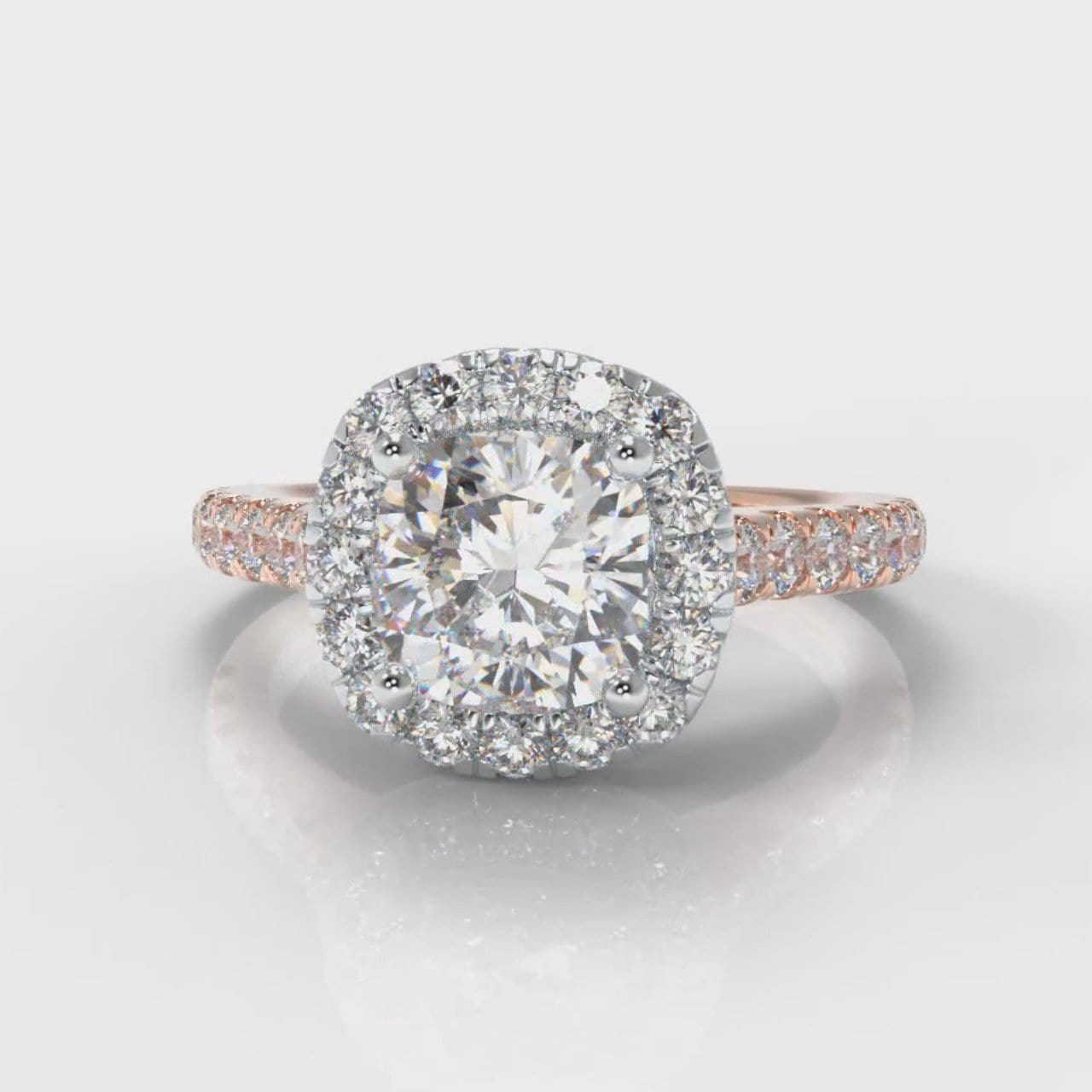 Micropavé Cushion Cut Diamond Halo Engagement Ring - Two Tone Rose Gold