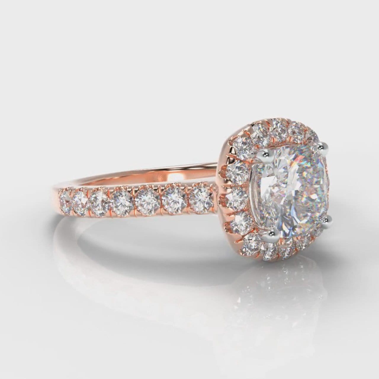 Micropavé Cushion Cut Diamond Halo Engagement Ring - Rose Gold