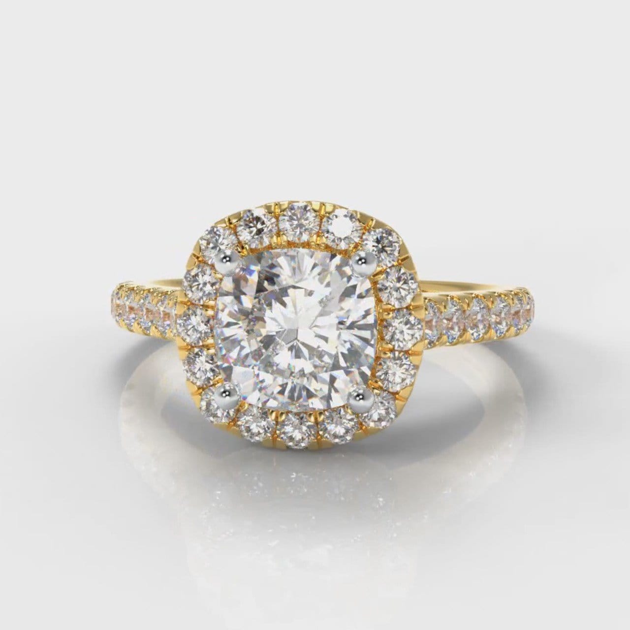 Micropavé Cushion Cut Diamond Halo Engagement Ring - Yellow Gold