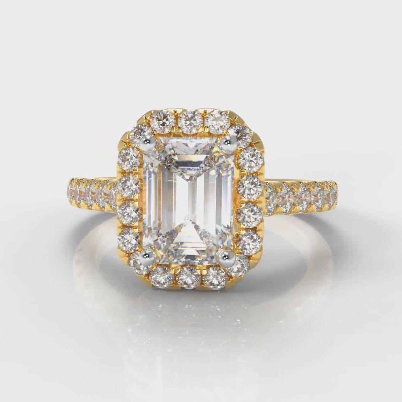 Micropavé Emerald Cut Diamond Halo Engagement Ring - Yellow Gold