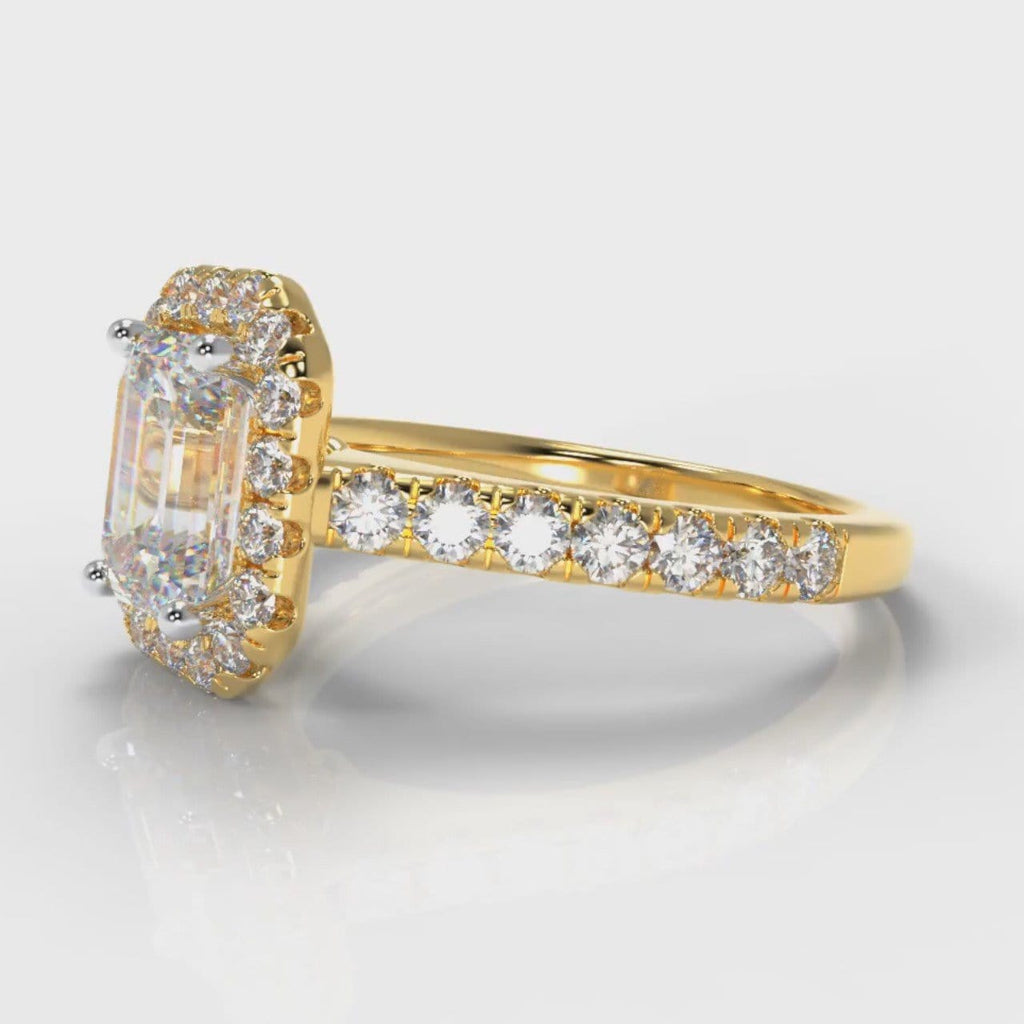 Micropavé Emerald Cut Diamond Halo Engagement Ring - Yellow Gold