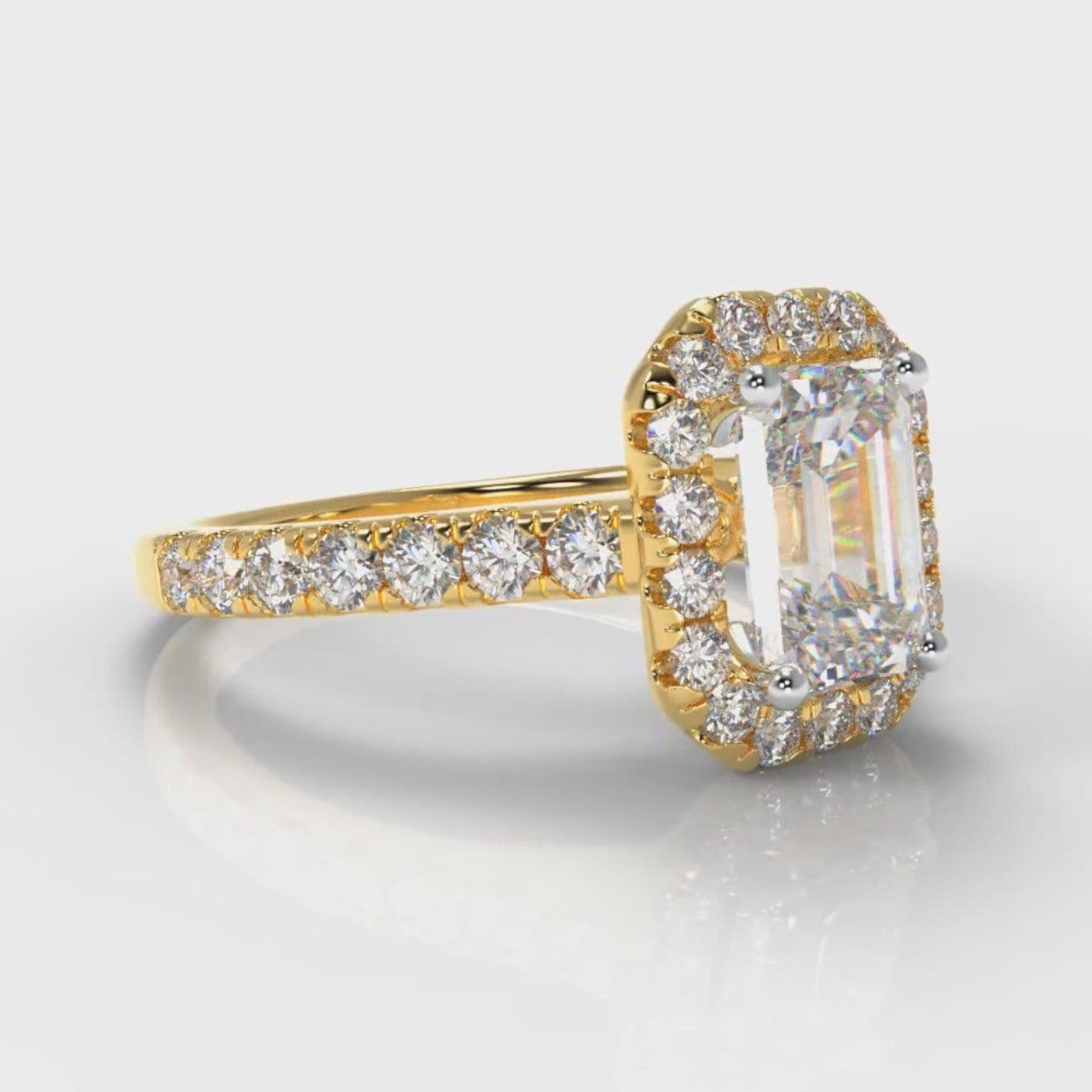 Micropavé Emerald Cut Diamond Halo Engagement Ring - Yellow Gold