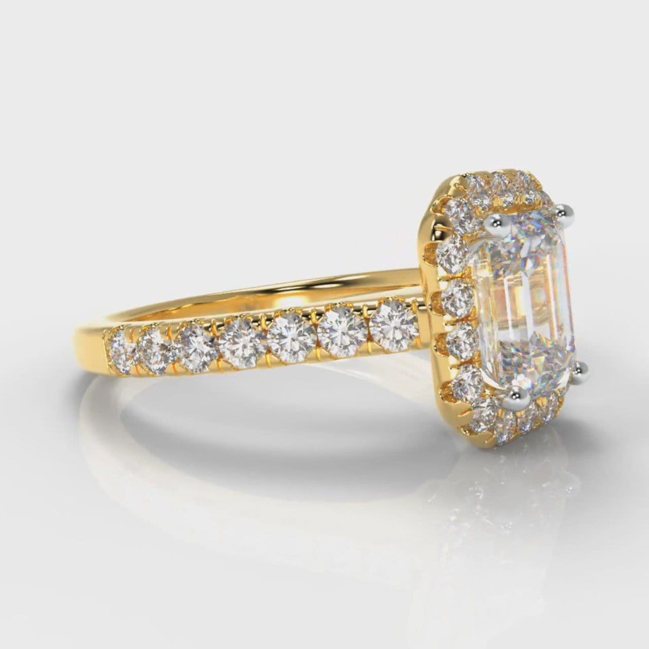 Micropavé Emerald Cut Diamond Halo Engagement Ring - Yellow Gold