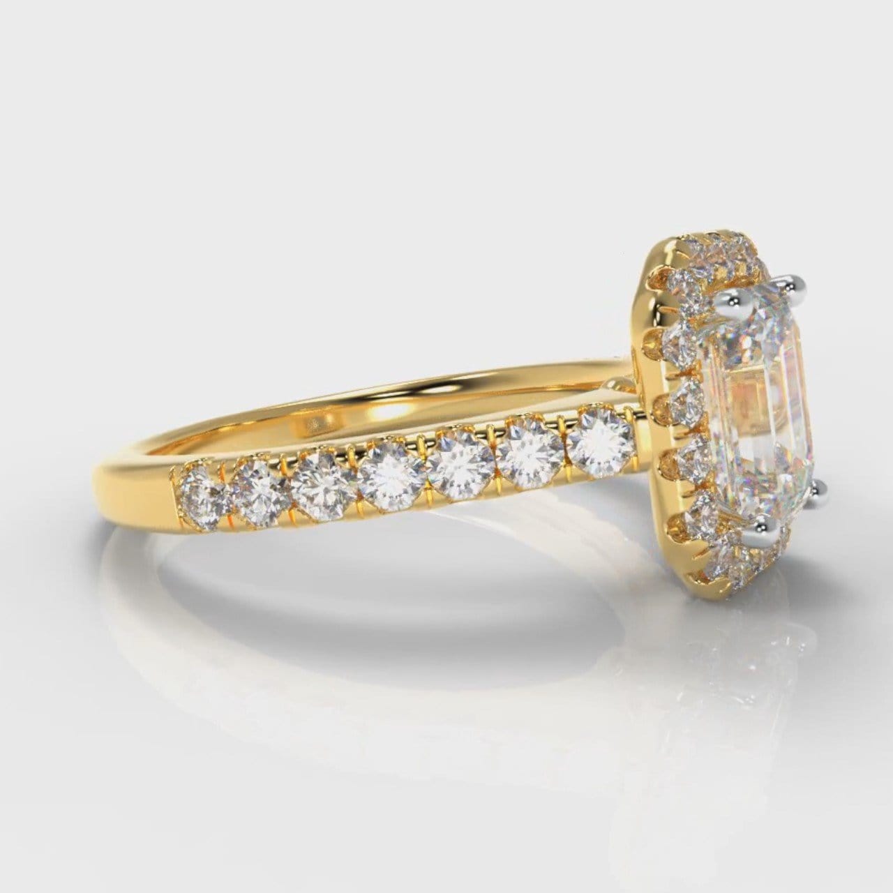 Micropavé Emerald Cut Diamond Halo Engagement Ring - Yellow Gold