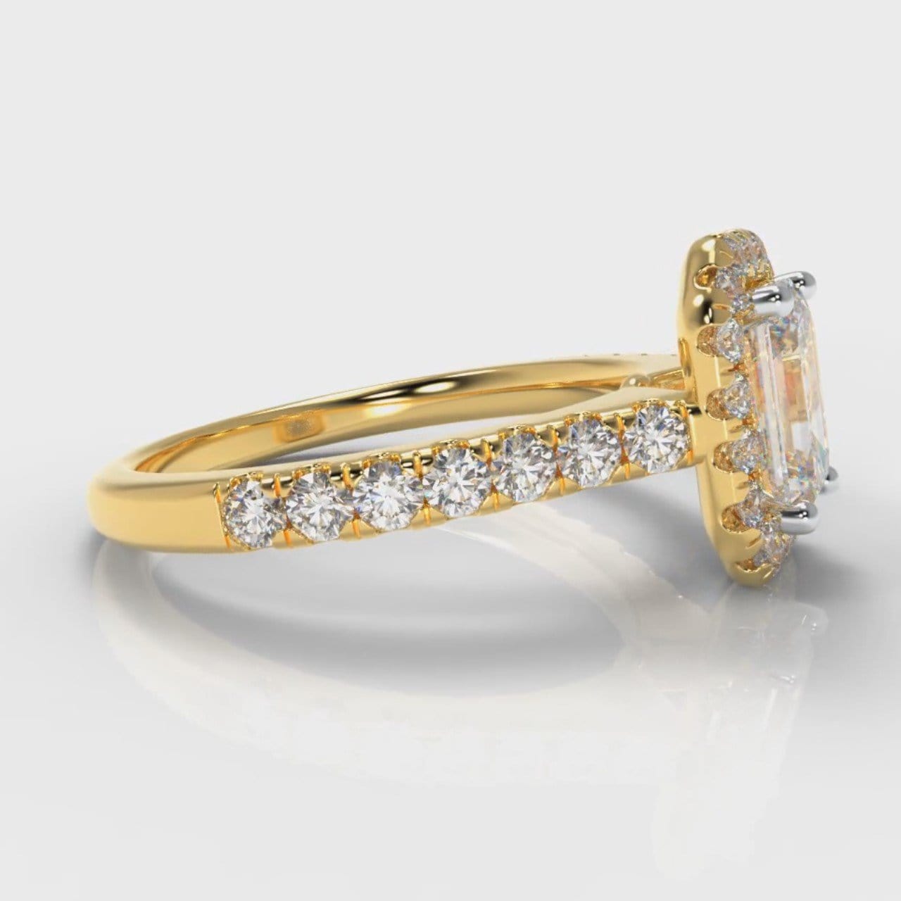 Micropavé Emerald Cut Diamond Halo Engagement Ring - Yellow Gold