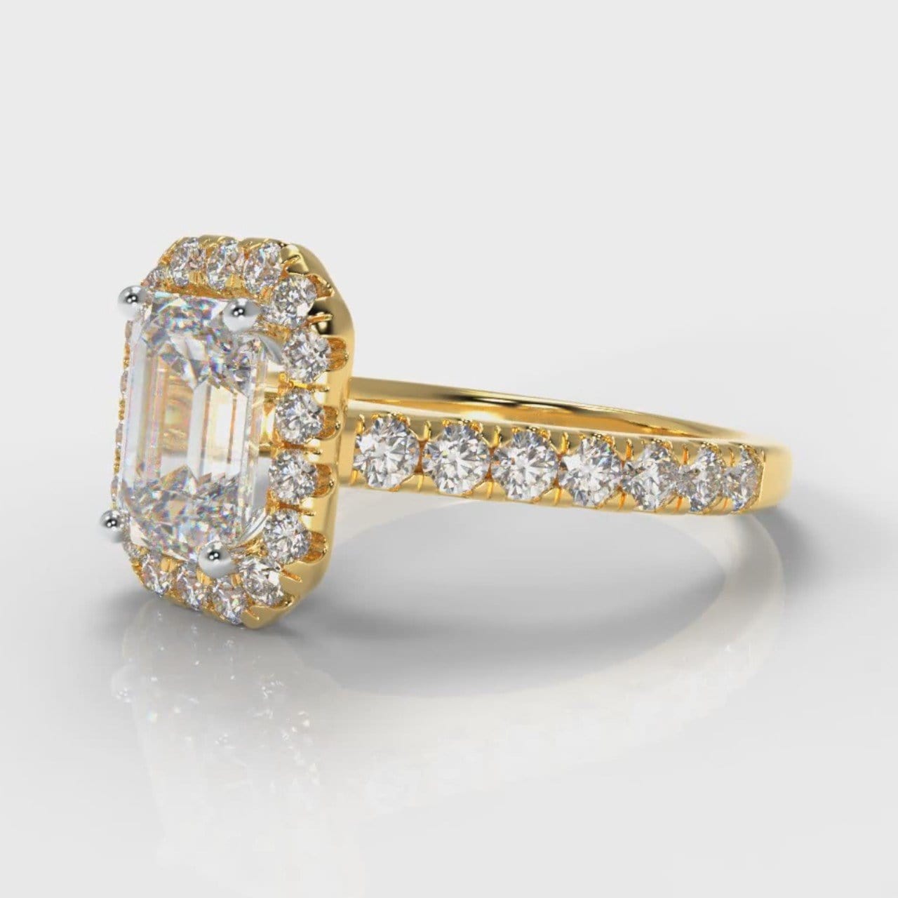 Micropavé Emerald Cut Diamond Halo Engagement Ring - Yellow Gold