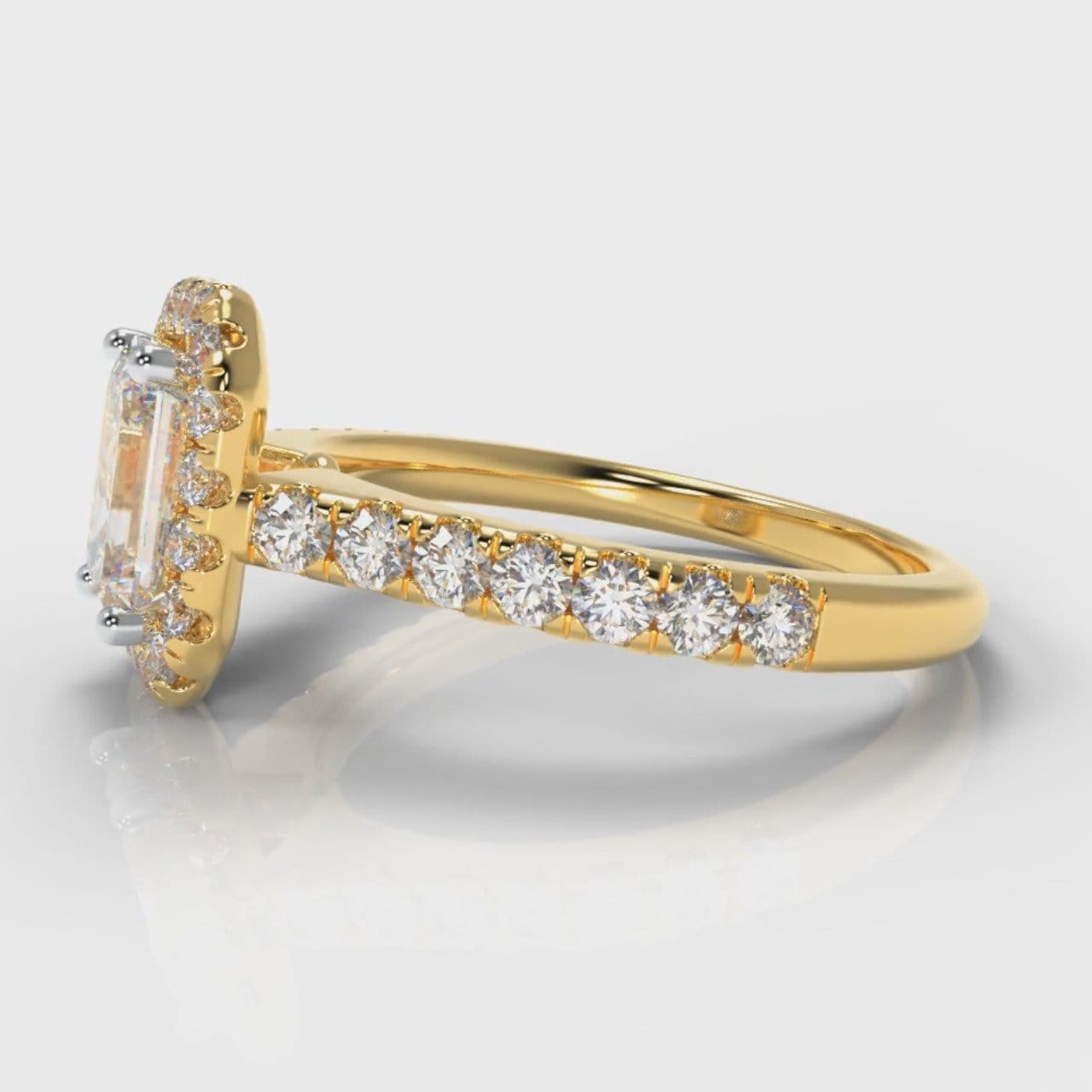 Micropavé Emerald Cut Diamond Halo Engagement Ring - Yellow Gold
