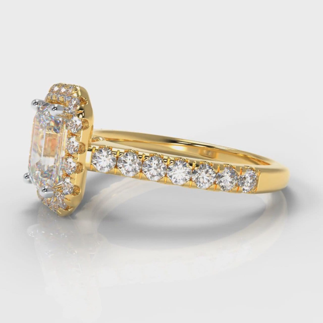 Micropavé Emerald Cut Diamond Halo Engagement Ring - Yellow Gold