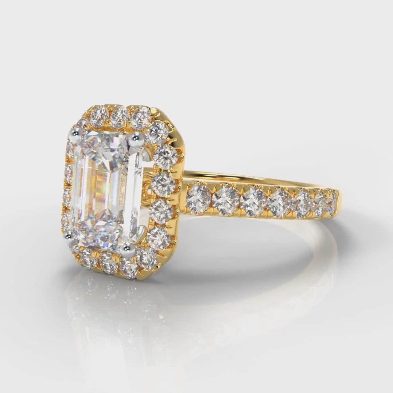 Micropavé Emerald Cut Diamond Halo Engagement Ring - Yellow Gold