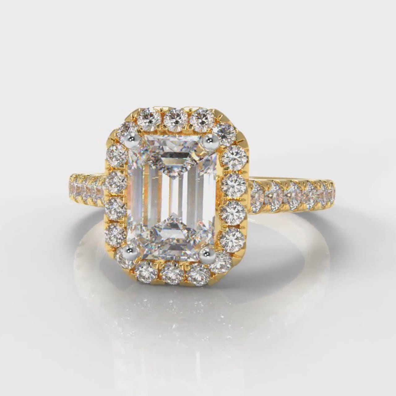 Micropavé Emerald Cut Diamond Halo Engagement Ring - Yellow Gold