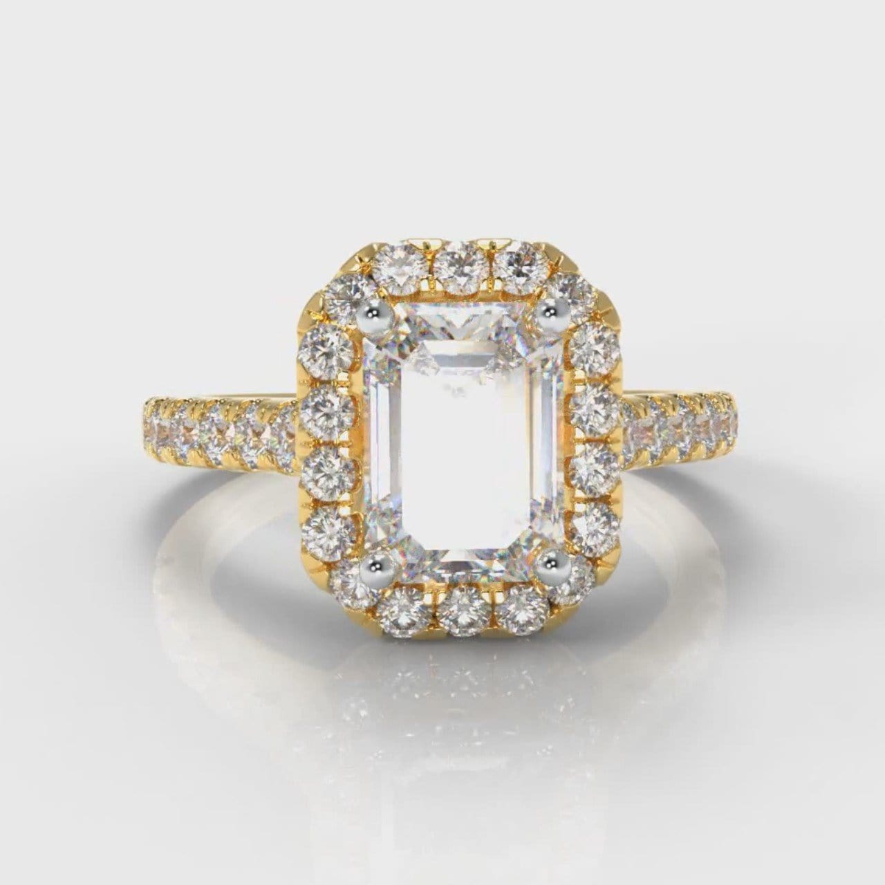 Micropavé Emerald Cut Diamond Halo Engagement Ring - Yellow Gold