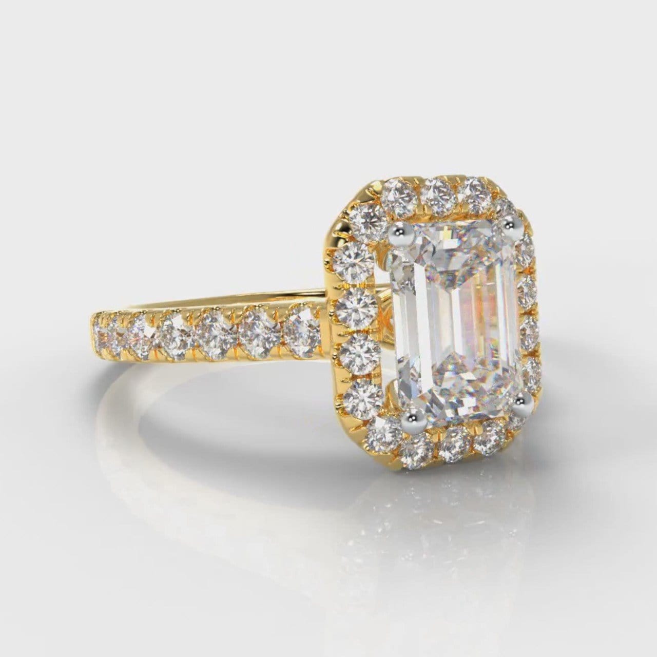 Micropavé Emerald Cut Diamond Halo Engagement Ring - Yellow Gold
