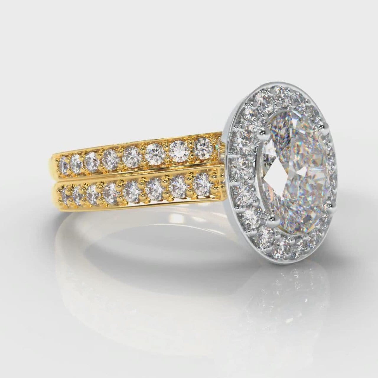 Pavé Oval Diamond Halo Bridal Set - Two Tone Yellow Gold