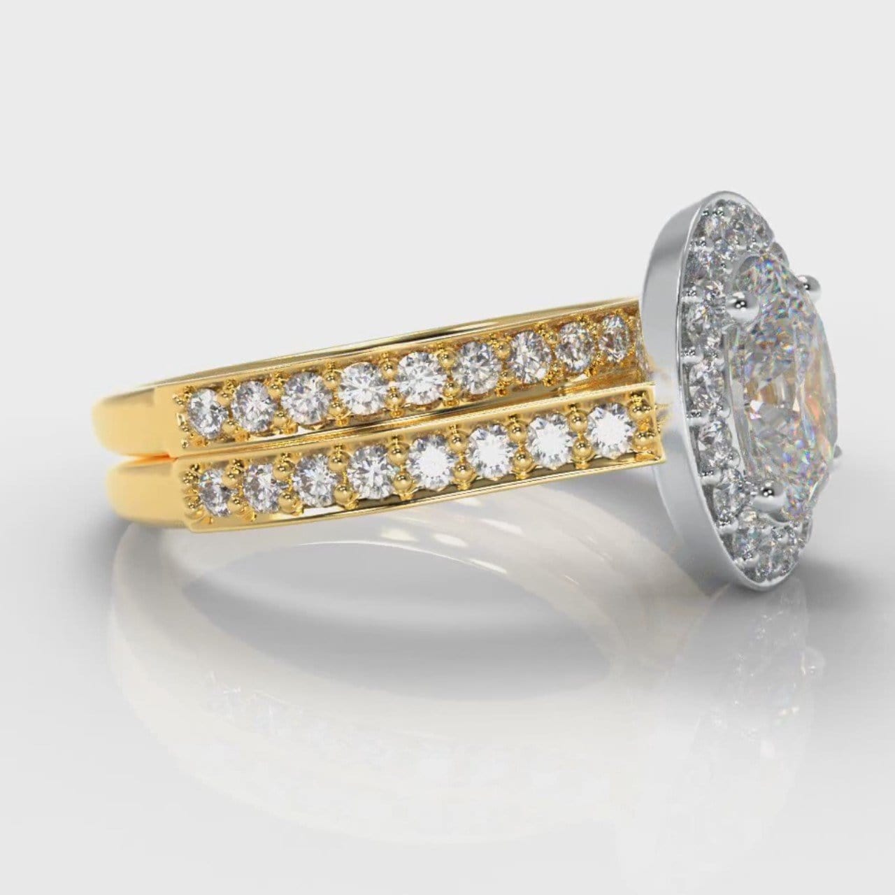 Pavé Oval Diamond Halo Bridal Set - Two Tone Yellow Gold