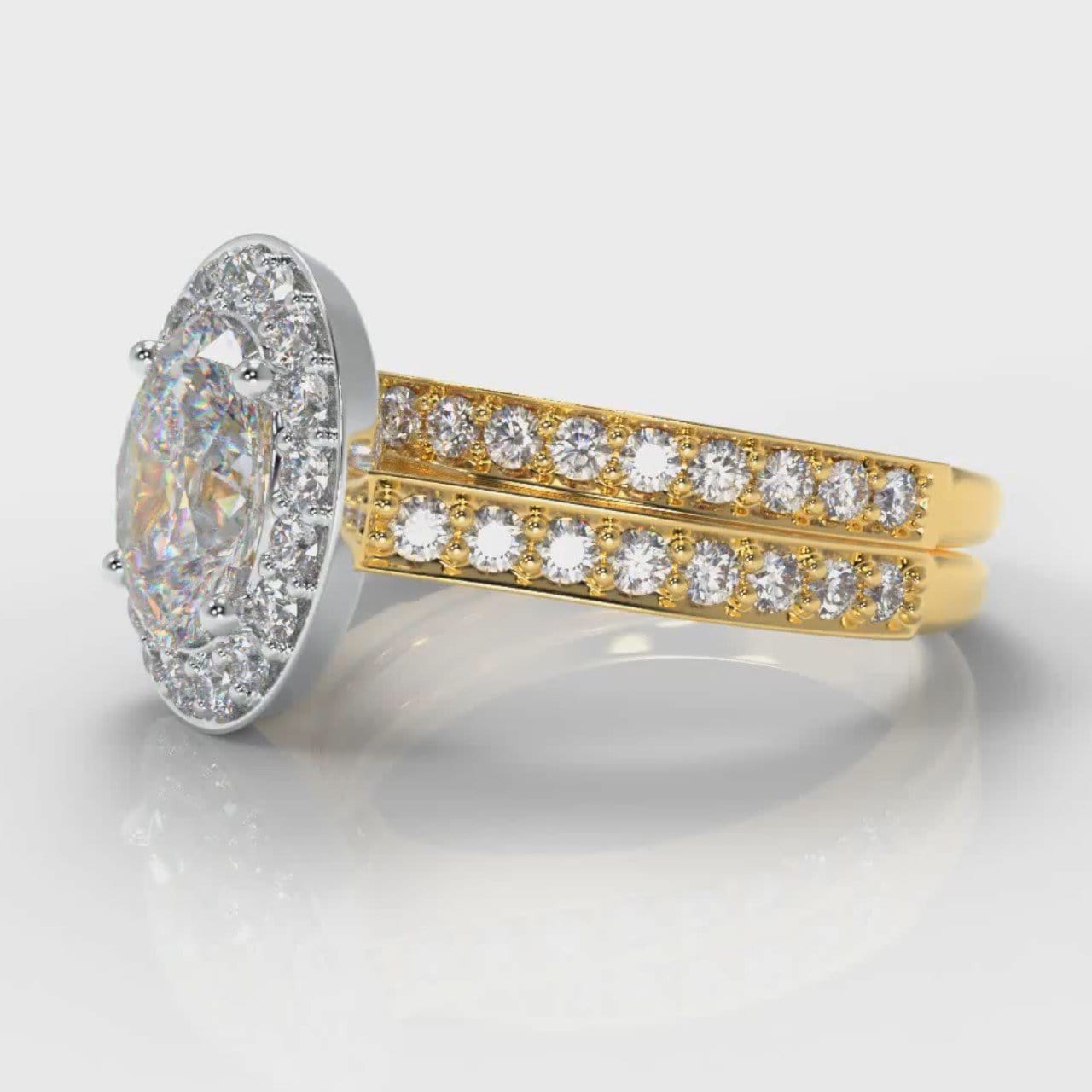 Pavé Oval Diamond Halo Bridal Set - Two Tone Yellow Gold