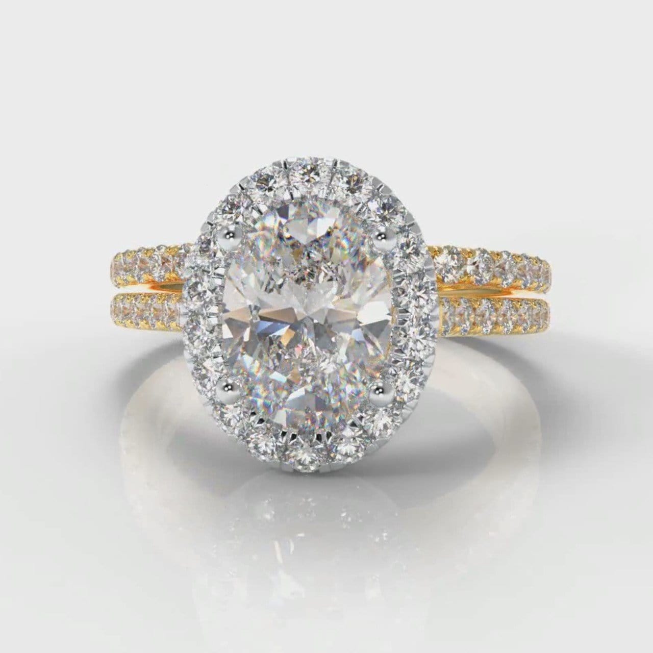 Petite Micropavé Oval Diamond Halo Bridal Set - Two Tone Yellow Gold
