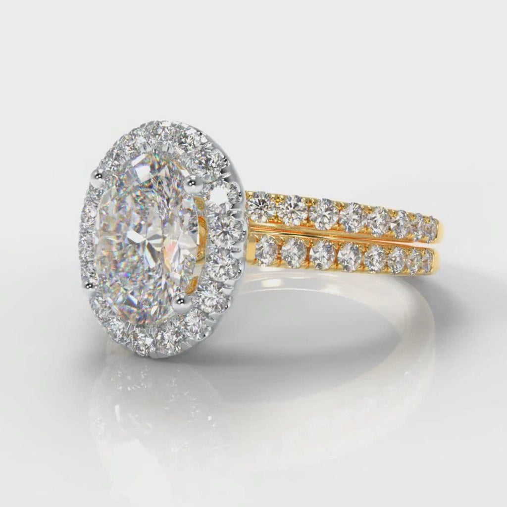 Petite Micropavé Oval Diamond Halo Bridal Set - Two Tone Yellow Gold