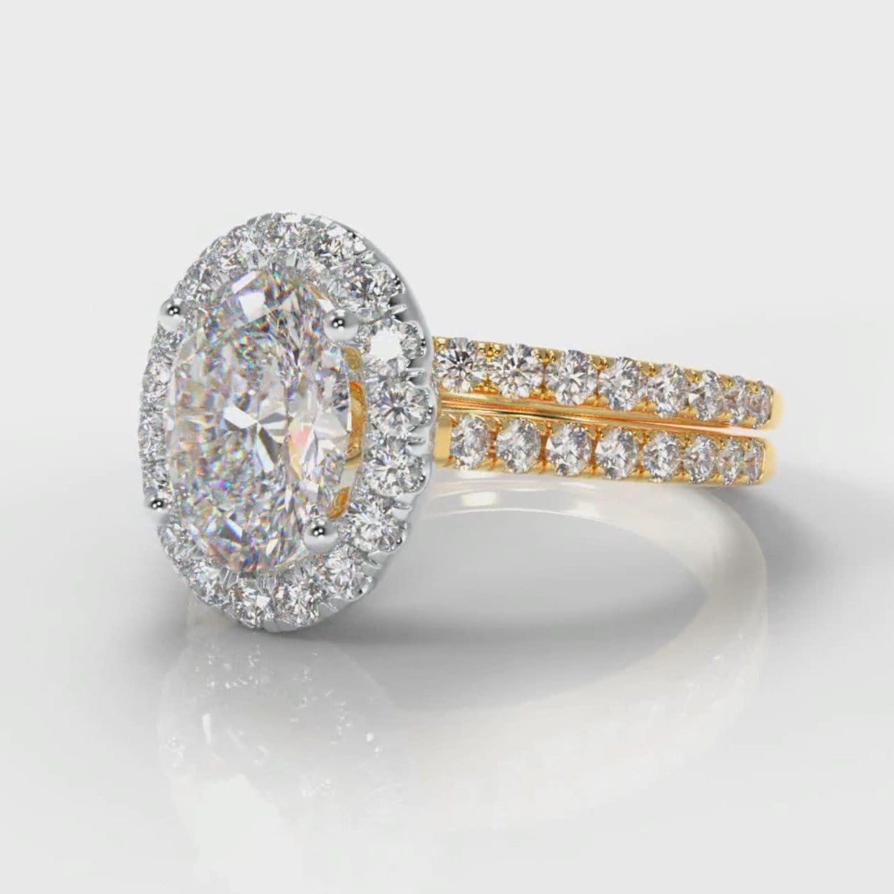 Petite Micropavé Oval Diamond Halo Bridal Set - Two Tone Yellow Gold